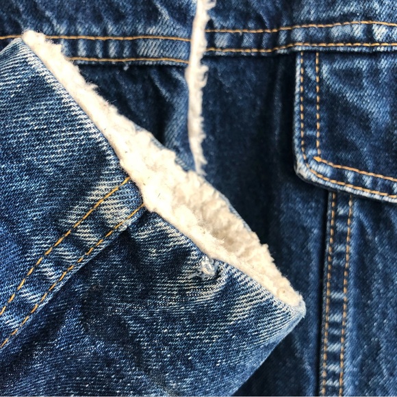 Vintage Denim White Sherpa Lined Shacket Button Up Jacket Dark Wash Work Coat - Picture 14 of 16